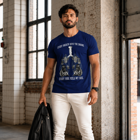 Rider wearing the Every Ride Fuels My Soul biker t-shirt in blue, front view of the rider typography print