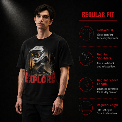 Born to Explore adventure rider t-shirt in black worn by a rider, 180 GSM cotton unisex fit