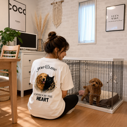 Woman wearing the You and Me Chosen by the Heart women's oversized pet parent t-shirt, back artwork