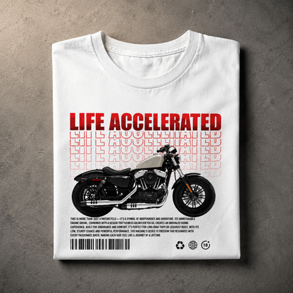 Life Accelerated biker t-shirt in white, folded to show the LIFE ACCELERATED front print
