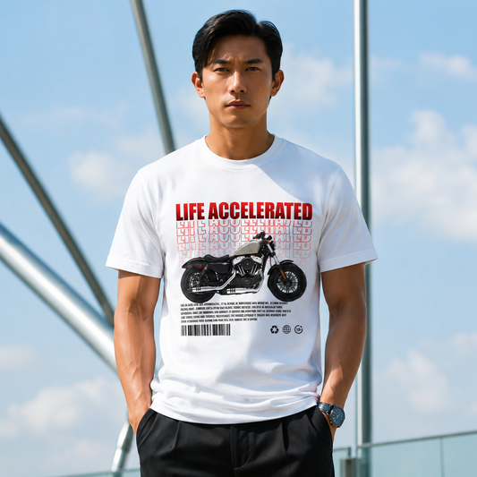 Rider wearing the Life Accelerated biker t-shirt in white, front view of the LIFE ACCELERATED print