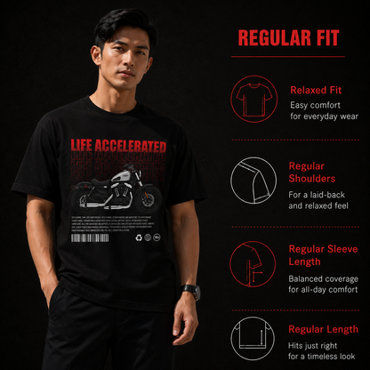 Fabric and fit details for the Life Accelerated biker t-shirt, 180 GSM cotton regular unisex fit