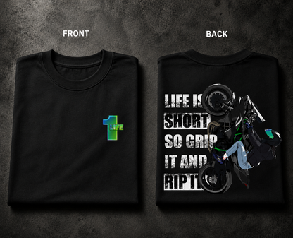 Grip It and Rip It oversized biker t-shirt in black, folded to show the front print