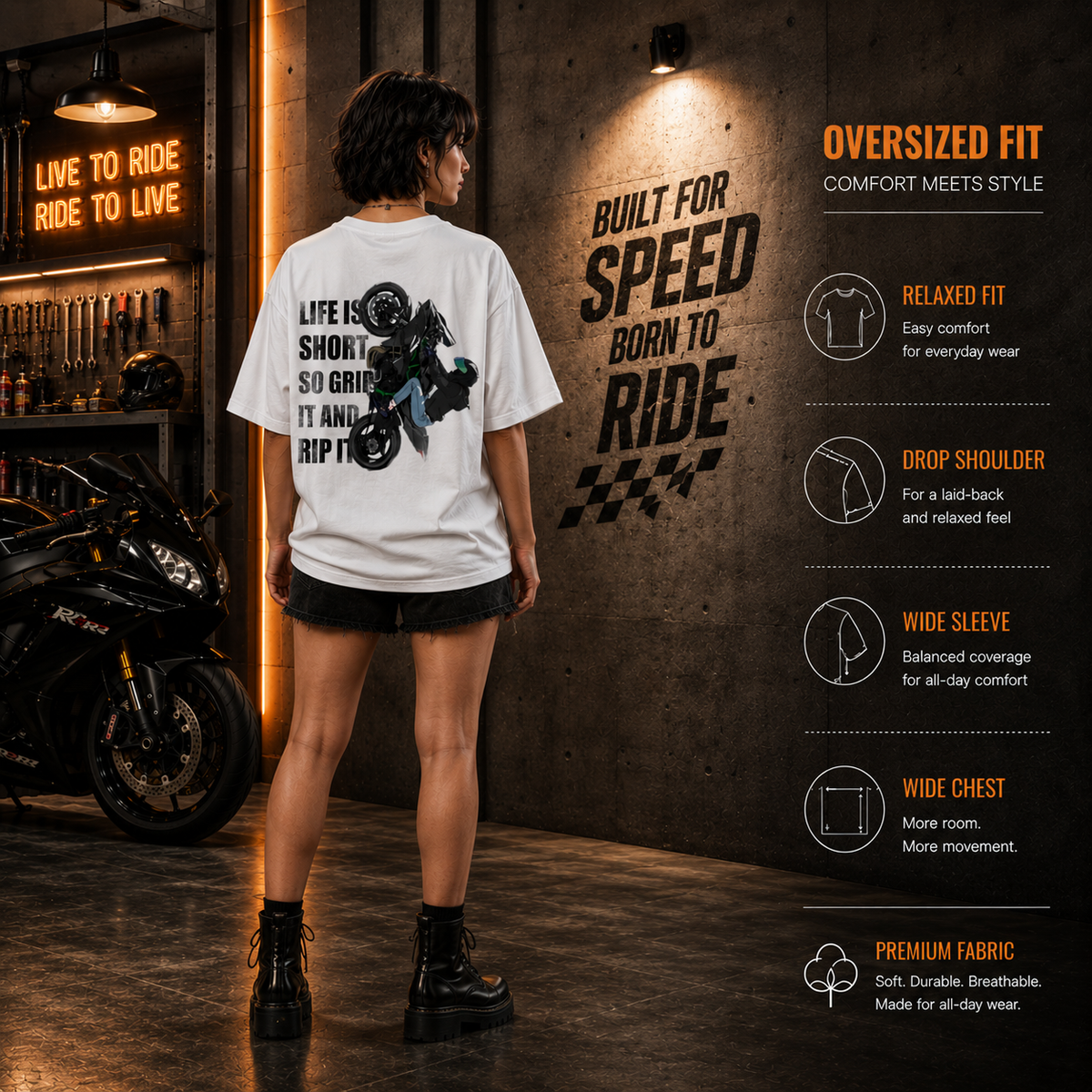 Fabric and fit details for the Grip It and Rip It women's oversized biker t-shirt, 240 GSM cotton