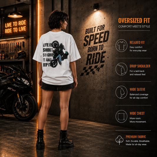 Fabric and fit details for the Grip It and Rip It women's oversized biker t-shirt, 240 GSM cotton