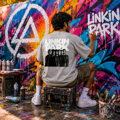 Man wearing the I Love Linkin Park oversized music fan t-shirt in grey, front and back print