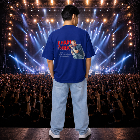 Back view of a man wearing the I Tried So Hard oversized music fan t-shirt in blue