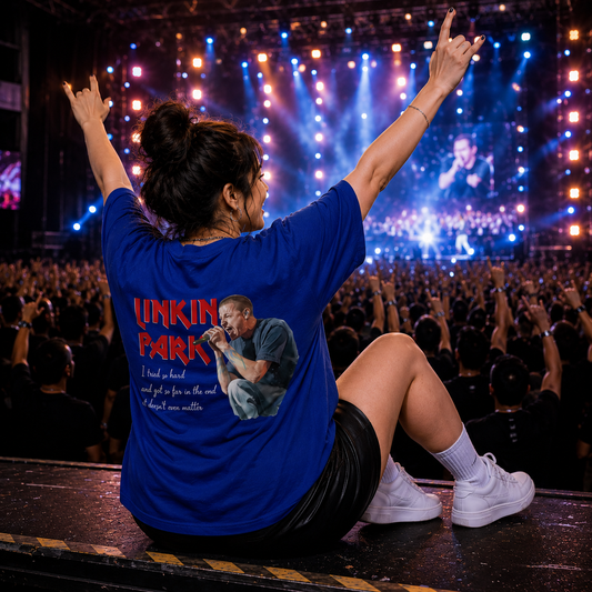 Woman wearing the I Tried So Hard women's oversized music fan t-shirt in blue, front and back print