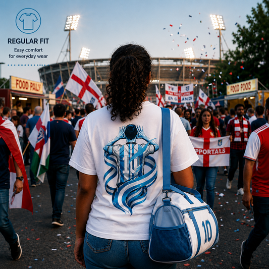 Back view of a woman wearing the Messi Forever 10 women's football fan t-shirt in white