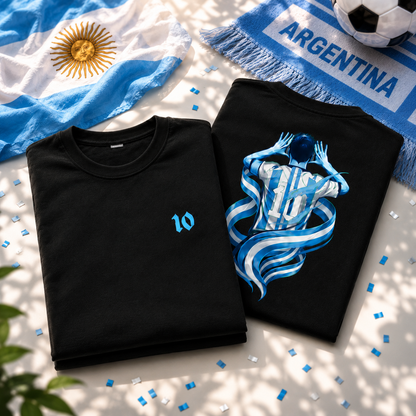 Messi Forever 10 football fan t-shirt in black, folded to show the front print