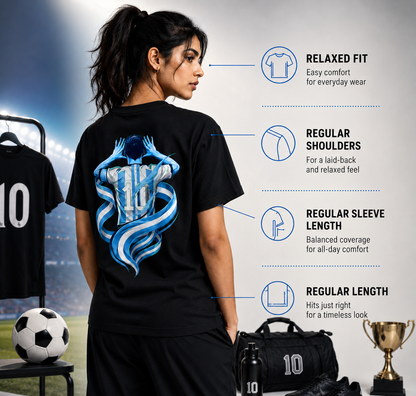 Fabric and fit details for the Messi Forever 10 women's football fan t-shirt, 180 GSM cotton