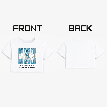 Messi women's football fan crop top in white, front and back views