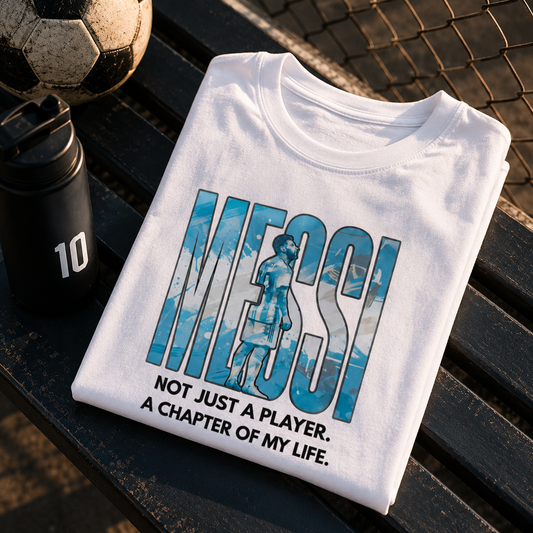 Messi A Chapter of My Life football fan t-shirt in white, folded to show the front print