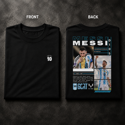 Number 10 Messi oversized football fan t-shirt in black, folded to show the front print