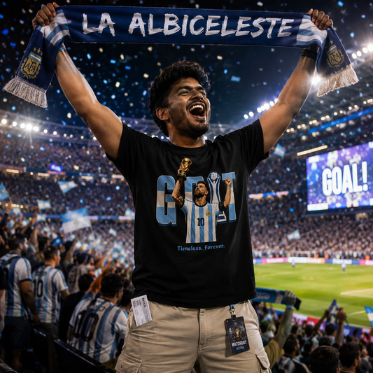 Man wearing the GOAT Timeless Forever Messi fan t-shirt in black, front print visible