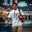 Man wearing the GOAT Timeless Forever Messi fan t-shirt in white, front print visible
