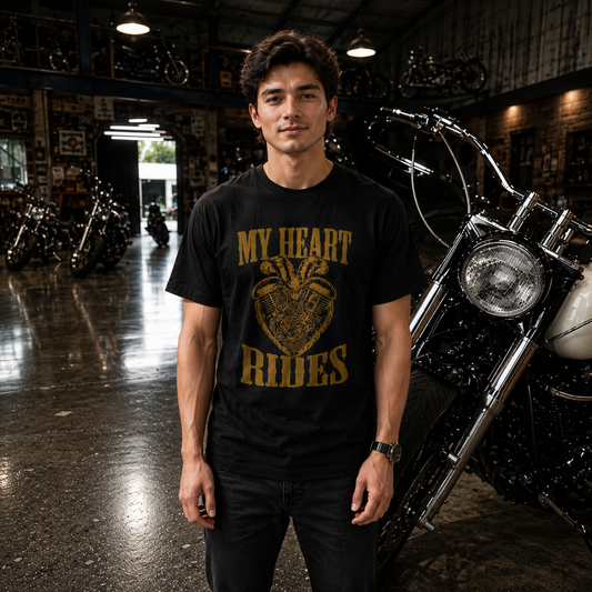 Rider wearing the My Heart Rides motorcycle t-shirt in black, front print reading MY HEART RIDES