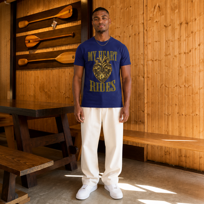 Rider wearing the My Heart Rides motorcycle t-shirt in blue, 180 GSM cotton regular unisex fit
