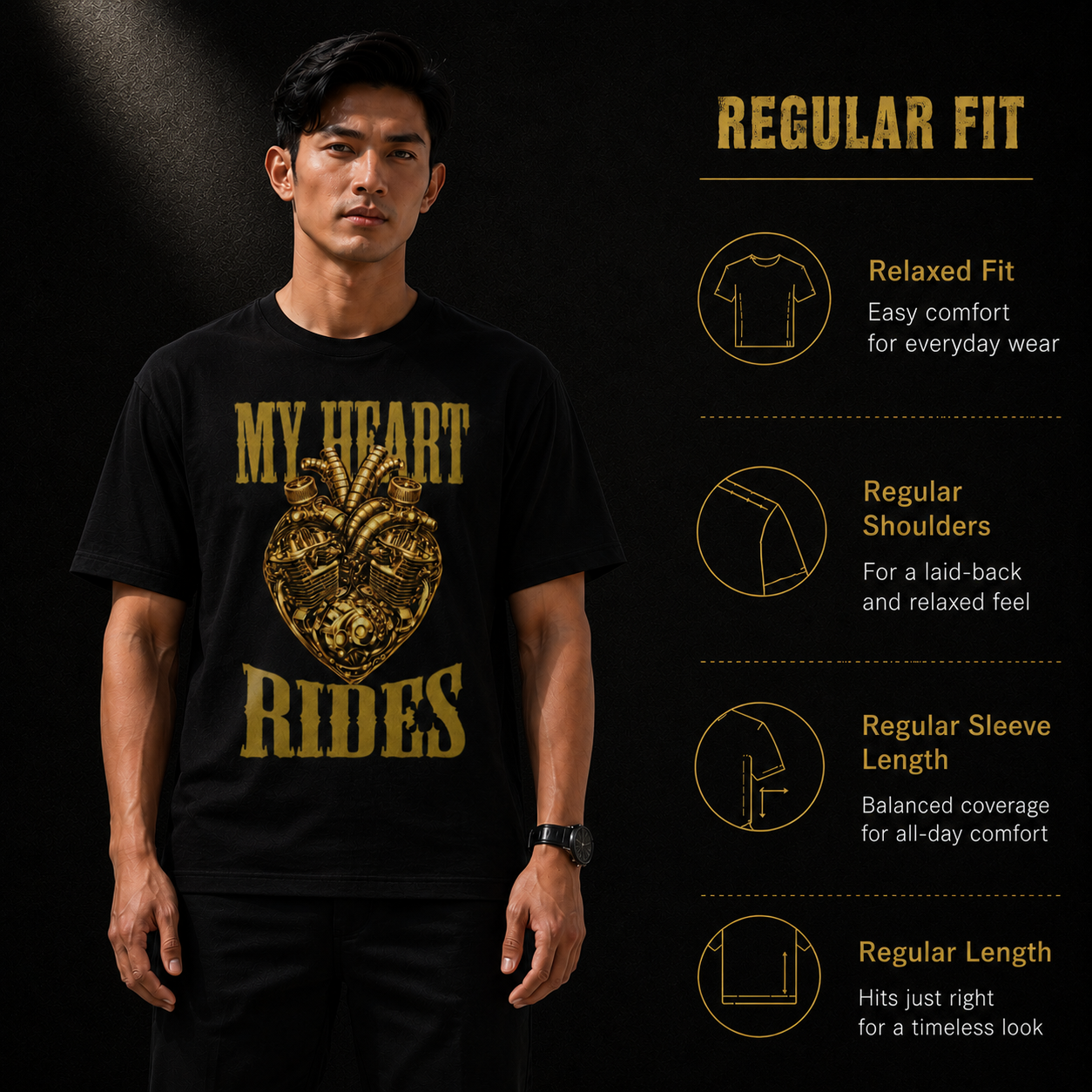 My Heart Rides motorcycle t-shirt in black worn by a rider, showing the regular unisex cut
