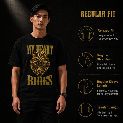 My Heart Rides motorcycle t-shirt in black worn by a rider, showing the regular unisex cut