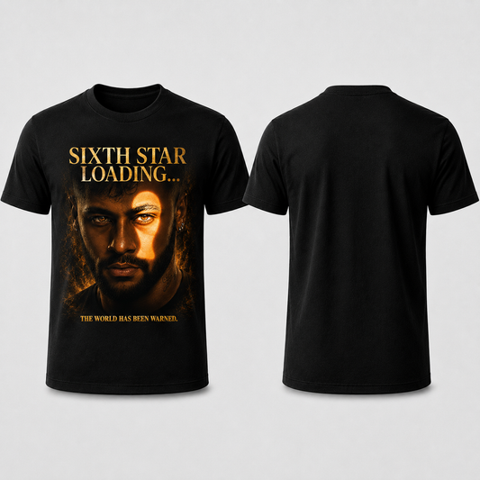 Man wearing the Brazil 6th Star Is Loading football fan t-shirt, front print visible | Unikorn Tribes