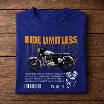 Ride Limitless biker t-shirt in blue, folded to show the RIDE LIMITLESS front print