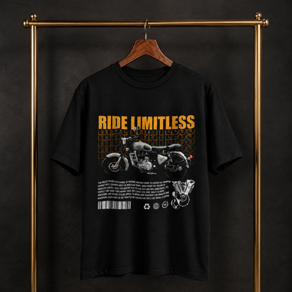 Ride Limitless biker t-shirt in black on a hanger, showing the regular unisex cut
