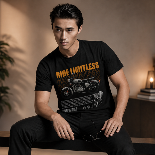 Rider wearing the Ride Limitless biker t-shirt in black, front print reading RIDE LIMITLESS