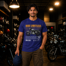 Rider wearing the Ride Limitless biker t-shirt in blue, front print reading RIDE LIMITLESS, 180 GSM cotton