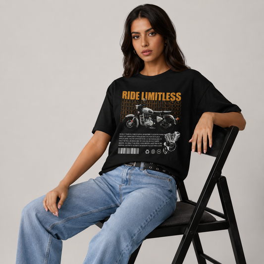 Woman seated wearing the Ride Limitless women's biker t-shirt in black, 180 GSM cotton regular fit