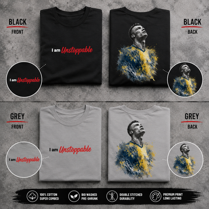 Ronaldo I Am Unstoppable oversized football fan t-shirt folded, front and back artwork in both colours