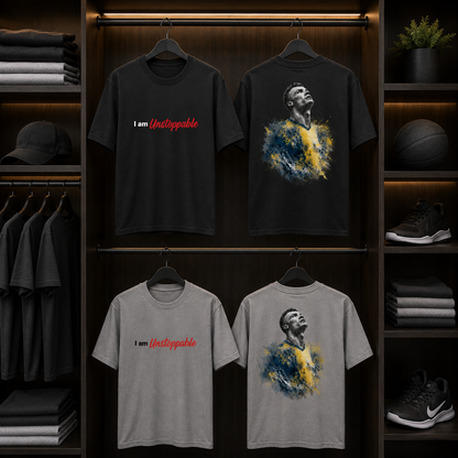 Ronaldo I Am Unstoppable oversized football fan t-shirt displayed on hangers, front and back