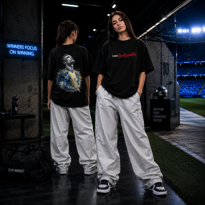 Woman wearing the Ronaldo Unstoppable women's oversized CR7 fan t-shirt in black, front and back