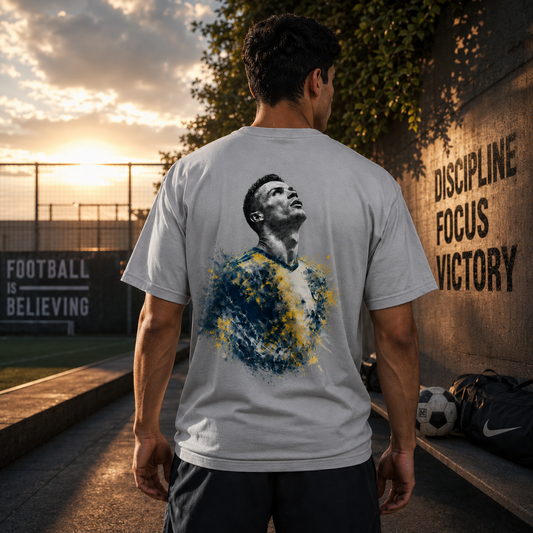 Back view of a man wearing the Ronaldo I Am Unstoppable oversized football fan t-shirt in grey