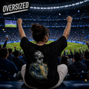 Woman wearing the Ronaldo Unstoppable women's oversized CR7 fan t-shirt, front view