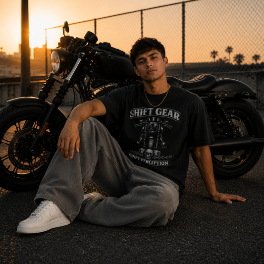 Rider wearing the Shift Gear Shift Perception biker t-shirt in black, front view of the typography print