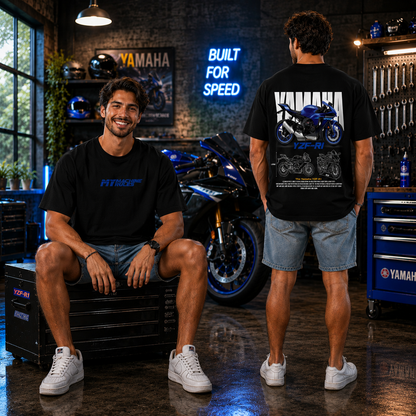 Man wearing the My Machine My Rules oversized biker t-shirt in black, front and back artwork