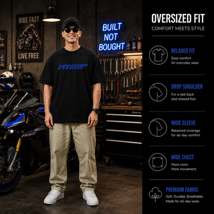 Fabric and fit details for the My Machine My Rules oversized biker t-shirt, 240 GSM cotton