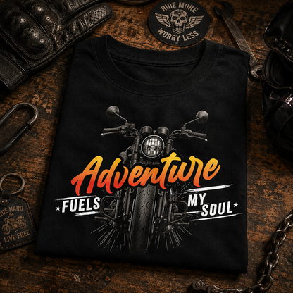 Black Adventure Fuels My Soul Premium Biker T-Shirt folded showing front motorcycle graphic by UnikornTribes