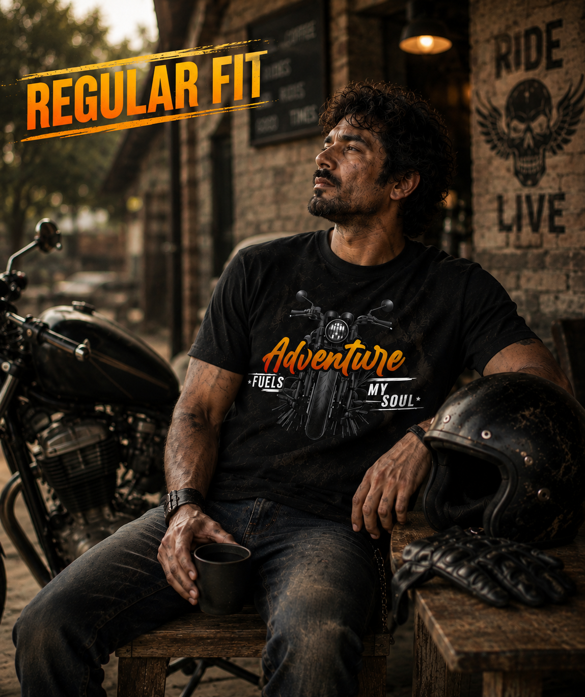 Rider wearing black Adventure Fuels My Soul Premium Biker T-Shirt during a motorcycle break.