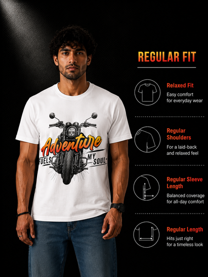 Size and fit guide for Adventure Fuels My Soul Premium Biker T-Shirt by UnikornTribes