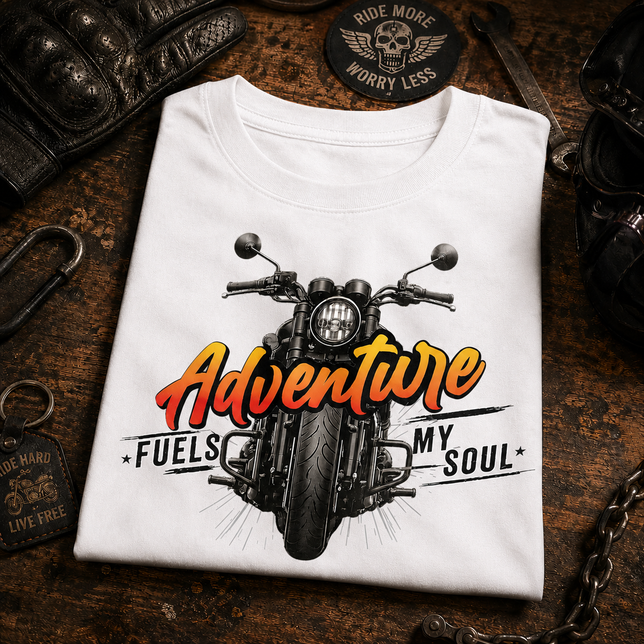 White Adventure Fuels My Soul Premium Biker T-Shirt folded with front motorcycle artwork by UnikornTribes