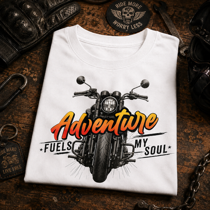 White Adventure Fuels My Soul Premium Biker T-Shirt folded with front motorcycle artwork by UnikornTribes