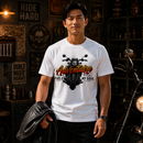 Male model wearing white Adventure Fuels My Soul Premium Biker T-Shirt in biker garage.