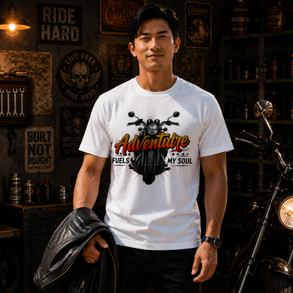 Male model wearing white Adventure Fuels My Soul Premium Biker T-Shirt in biker garage.