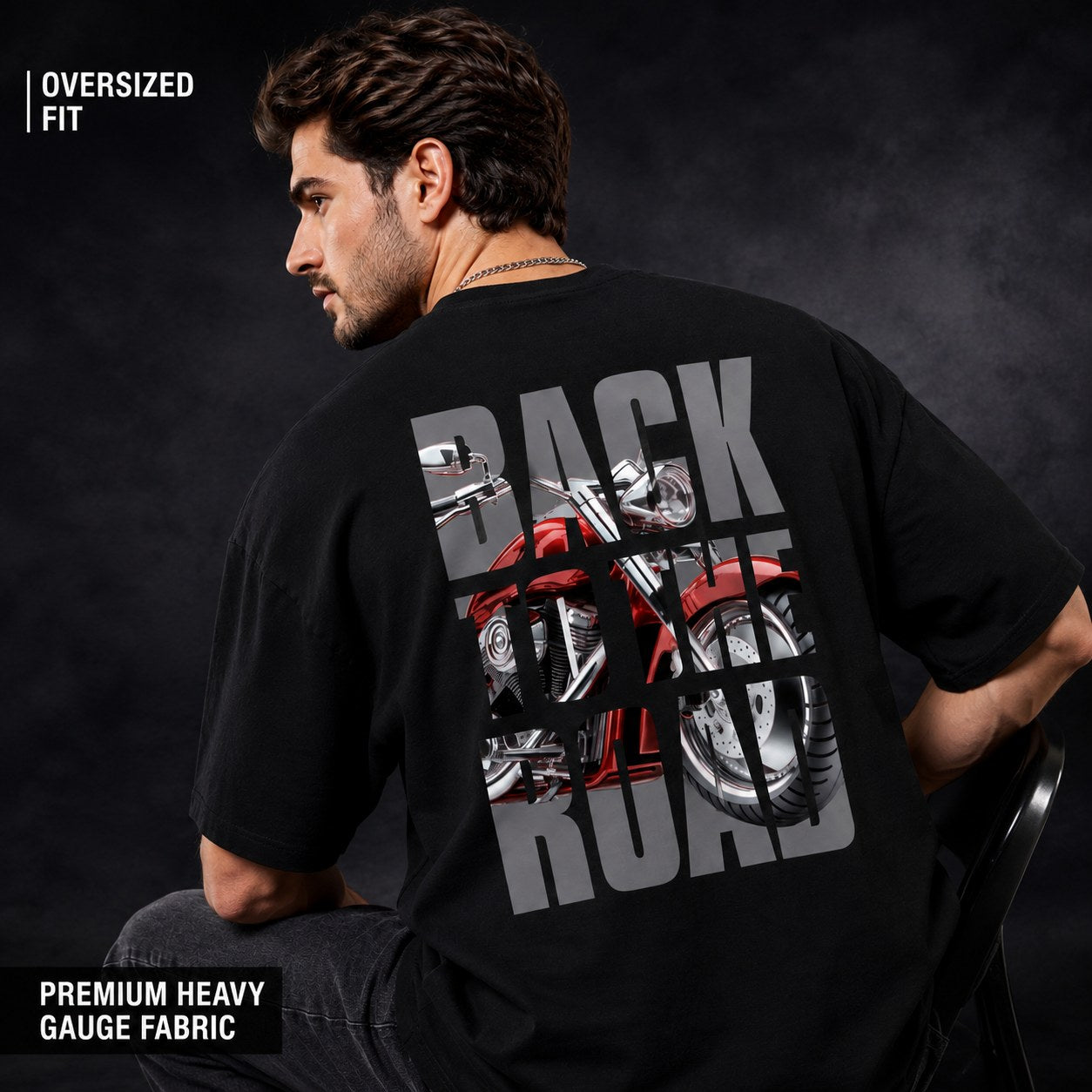 Back to the Road black oversized biker t-shirt by Unikorn Tribes, showing the full motorcycle back print on 240 GSM cotton.