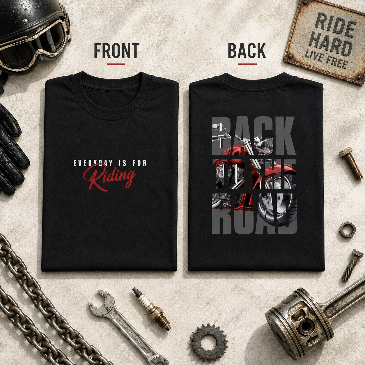 Black Back to the Road biker t-shirt folded flat, showing the Everyday Is For Riding front print and the motorcycle back print.