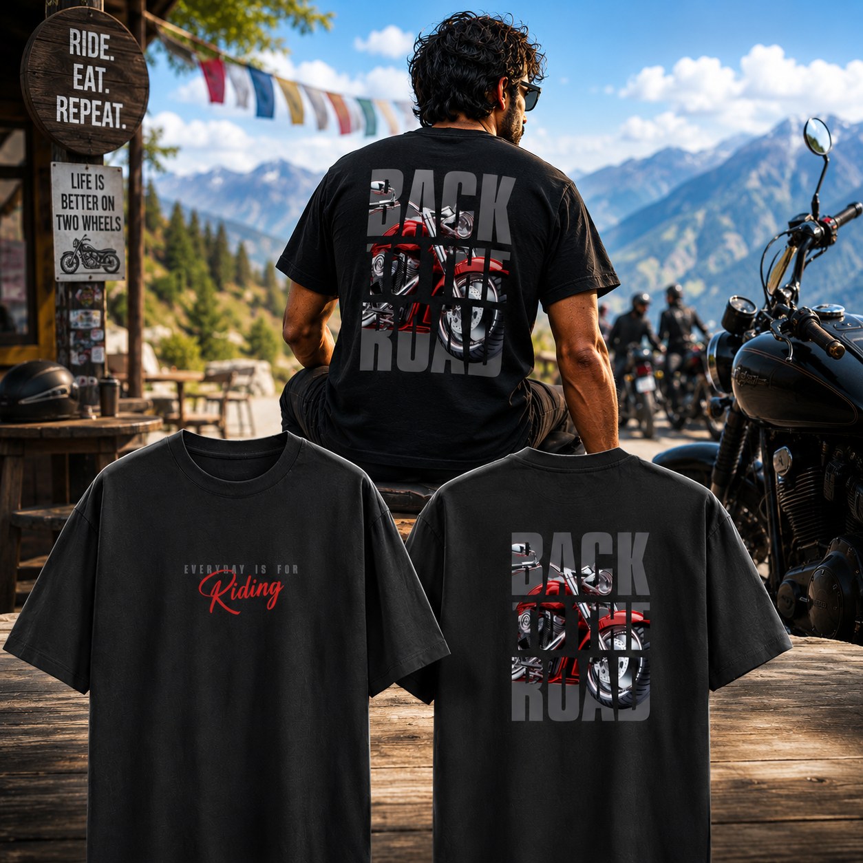 Rider in a black Back to the Road oversized biker t-shirt at a mountain cafe stop, with the front and back prints shown below.