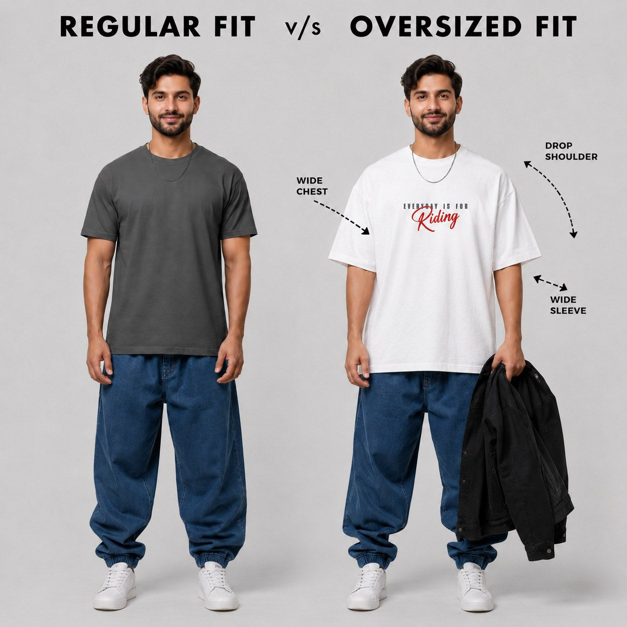Regular fit versus oversized fit t-shirt comparison showing the drop shoulder, wide chest and wide sleeve of the oversized cut.