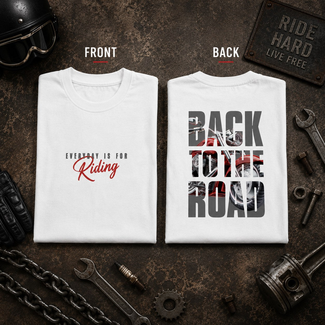 White Back to the Road oversized biker t-shirt folded flat, showing both the front slogan print and the motorcycle back print.